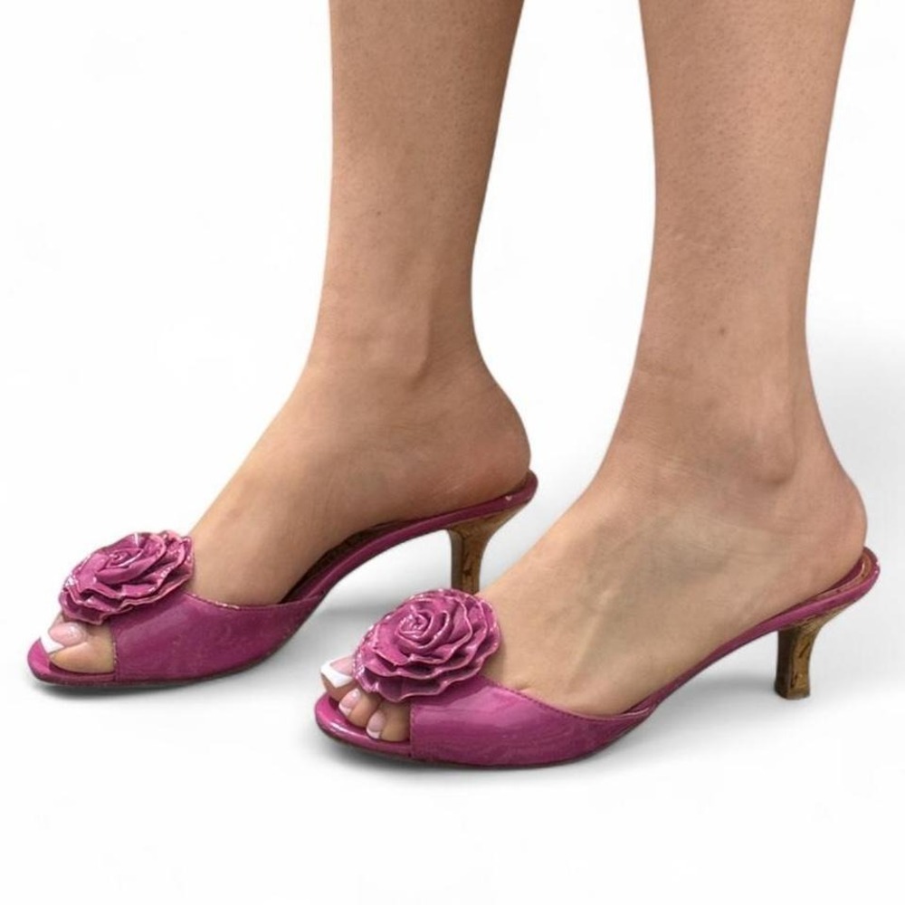 Nickels Pink Satin Floral Mule Heels Slip On Kitten‎ Heels Womens